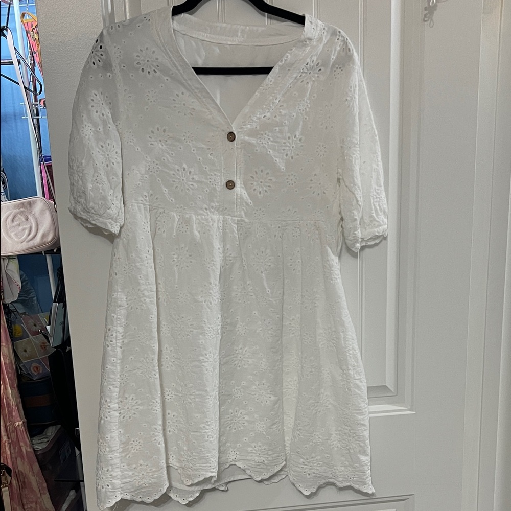 SHEIN White Eyelet Midi Dress with Button Front